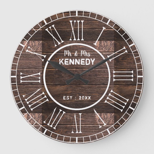 Rustic Roman Numeral Barn Wood Bröllop Stor Klocka (Framsida)