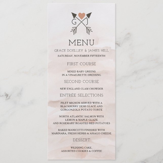 Rustic Romantic Arrows and Heart Bröllop Menu Meny (Framsida)