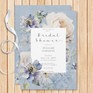 Rustic Romantic Blue & White Blommigt Möhippa Inbjudningar