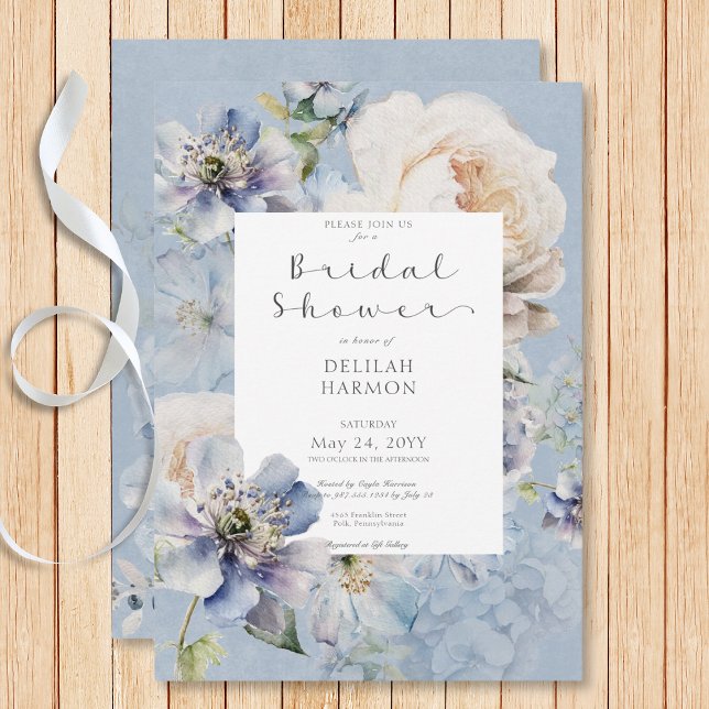 Rustic Romantic Blue & White Blommigt Möhippa Inbjudningar (Rustic Romantic Blue & White Floral Bridal Shower Invitation)