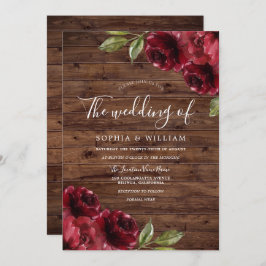 Rustic Romantic Burgundy Röd ros Bröllop Inbjudningar