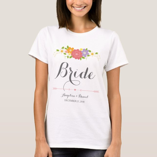 Rustic Romantic Calligraphy & Pastel Flowers Bride T Shirt (Framsida)