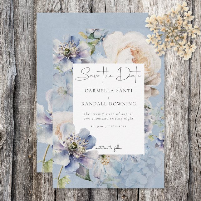 Rustic Romantic Dusty Blue & White Blommigt Spara Datumet (Skapare uppladdad)