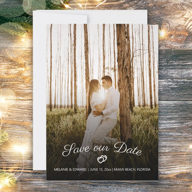 Rustic Romantic Hearts Bröllop Spara Foto Inbjudningar (Wedding 2-hearts photo Save the Date card)