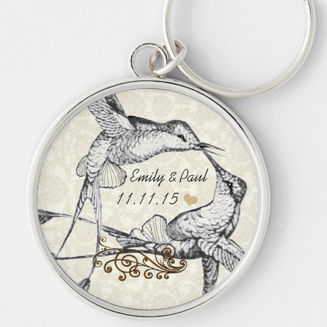 Rustic Romantic Hummingbird Kiss Kärlek BirdWeddin Rund Silverfärgad Nyckelring (Framsidan)