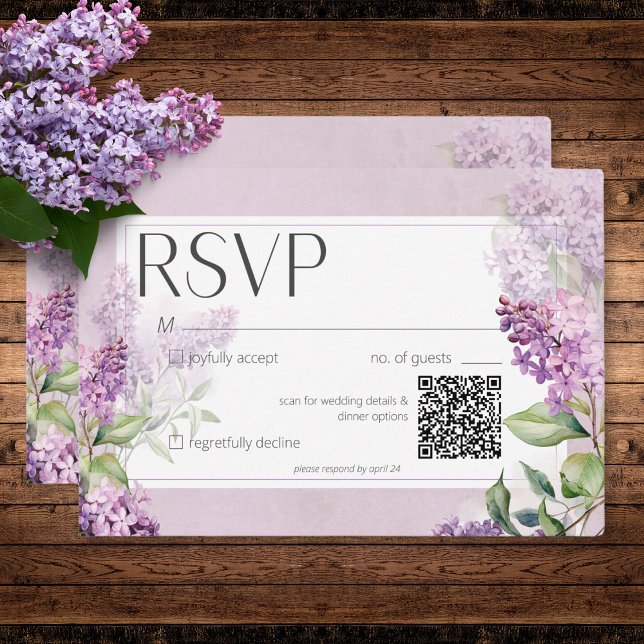 Rustic Romantic Lila & Sage Lilacs Bröllop QR OSA Kort (Rustic Romantic Purple & Sage Lilacs Wedding QR RSVP Card)