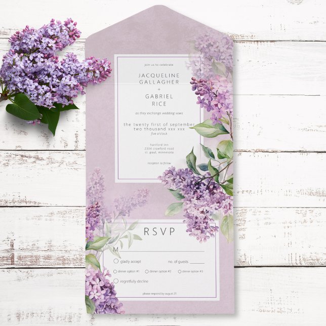 Rustic Romantic Lila & Sage Lilacs Middag (Rustic Romantic Purple & Sage Lilacs Dinner All In One Invitation)