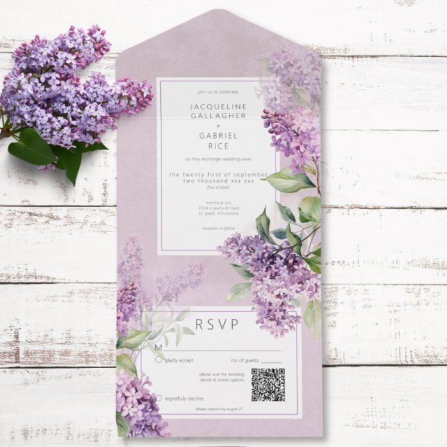 Rustic Romantic Lila & Sage Lilacs QR-kod (Rustic Romantic Purple & Sage Lilacs QR Code All In One Invitation)