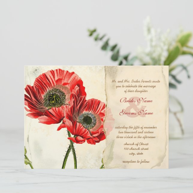 Rustic Romantic Red Poppy Wedding-inbjudningar Inbjudningar (Stående Fram)