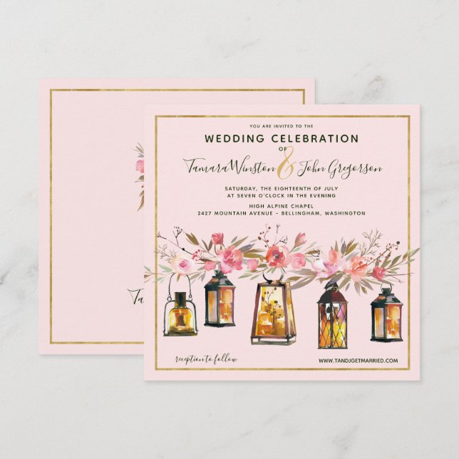 Rustic Romantic Ro Guld Lanternor Blommigt Bröllop Inbjudningar (Fram/baksida)
