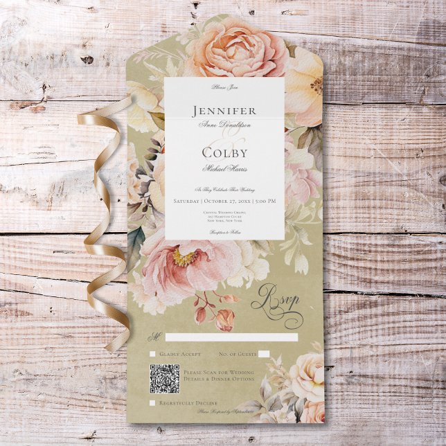 Rustic Romantic Rosa &  Ro Grönt QR Kod (Rustic Romantic Pink & Blush Roses Green QR Code All In One Invitation)