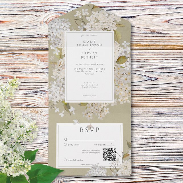 Rustic Romantic White Lilacs on Sage QR Code (Rustic Romantic White Lilacs on Sage QR Code All In One Invitation)