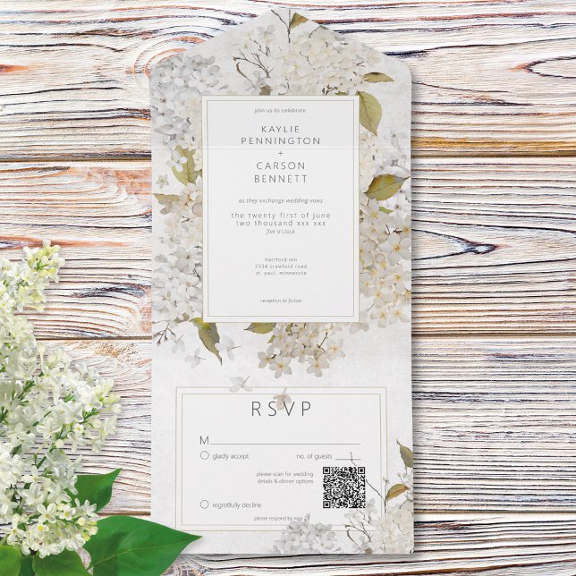 Rustic Romantic White Lilacs on White QR Code (Rustic Romantic White Lilacs on White QR Code All In One Invitation)