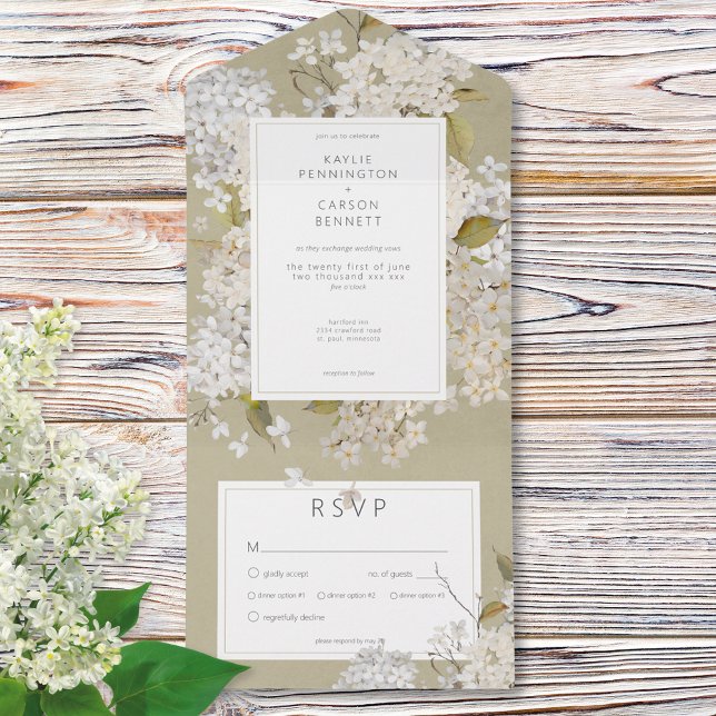 Rustic Romantic White Lilacs på Sage Middag (Rustic Romantic White Lilacs on Sage Dinner All In One Invitation)