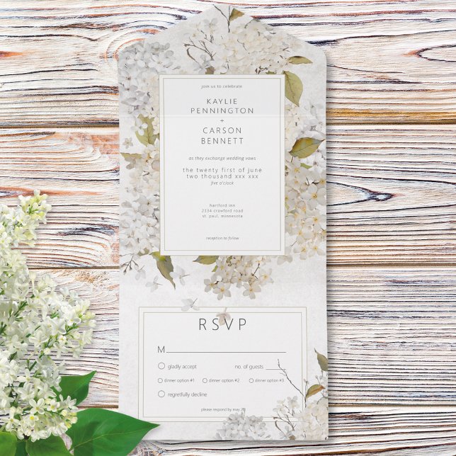 Rustic Romantic White Lilacs på vit middag (Rustic Romantic White Lilacs on White Dinner All In One Invitation)