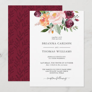 Rustic Romantik Burgundy och Rosa Blommigt Bröllop Inbjudningar