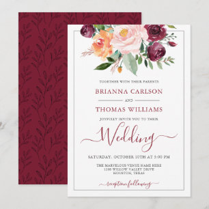 Rustic Romantik Burgundy och Rosa Blommigt Bröllop Inbjudningar