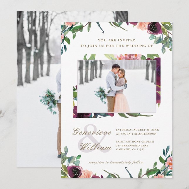 Rustic Romantik vacker två foto Bröllop Inbjudningar (Fram/baksida)