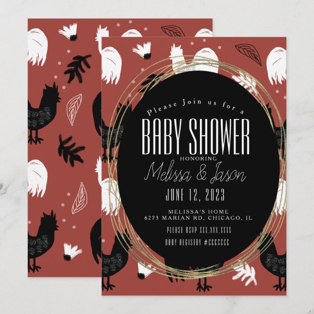 Rustic Roosters Farm Handritat Mönster Inbjudningar (Fram/baksida)