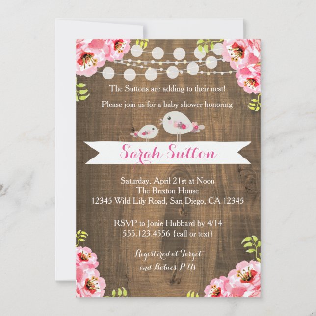 Rustic Rosa Baby Bird Girl Shower-inbjudan Inbjudningar (Framsida)