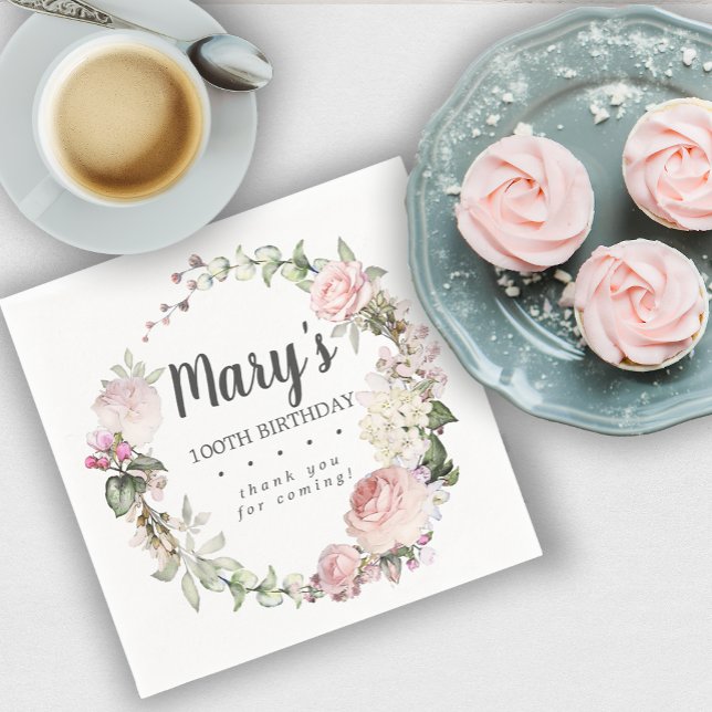 Rustic Rosa Blommigt 100:e Födelsedagsfesten Pappersservett (Skapare uppladdad)