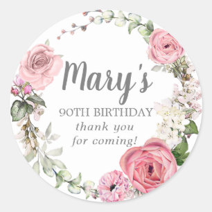 Rustic Rosa Blommigt 90:e Birthday Tack Classic Runt Klistermärke