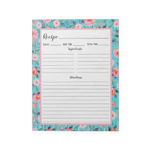 Rustic Rosa Blommigt Aqua Wood Recipe Anteckningsblock