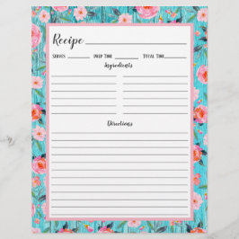 Rustic Rosa Blommigt Aqua Wood Recipe Binder Page