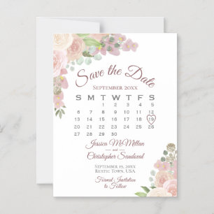 Rustic Rosa Blommigt Calendar Bröllop spara datum Magnetisk Inbjudningskort