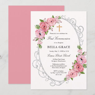 Rustic Rosa Blommigt First Heliga Communion Inbjudningar
