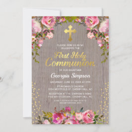 Rustic Rosa Blommigt First Heliga Communion Inbjudningar