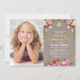 Rustic Rosa Blommigt First Heliga Communion Photo Inbjudningar