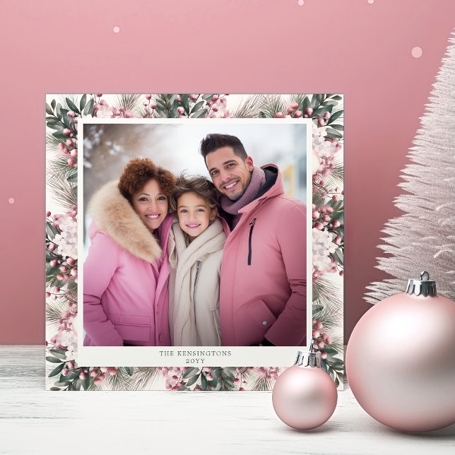 Rustic Rosa Blommigt Gingham Play Helgdag Photo Julkort (Skapare uppladdad)