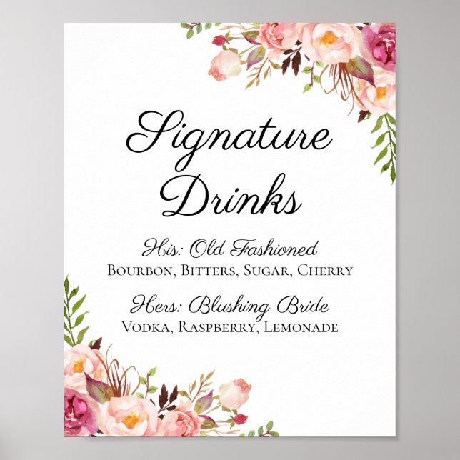 Rustic Rosa Blommigt Namnteckning Drinks Cocktail- Poster (Framsidan)