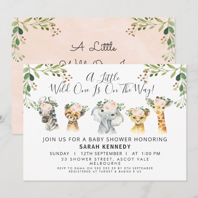 Rustic Rosa Blommigt Safari Baby Shower-inbjudan Inbjudningar (Fram/baksida)