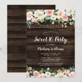 Rustic Rosa Blommigt String Ljus Sweet 16 Inbjudningar