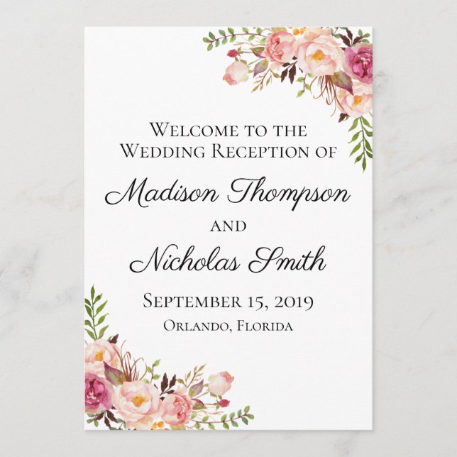 Rustic Rosa Blommigt Wedding Reception Program (Framsida)