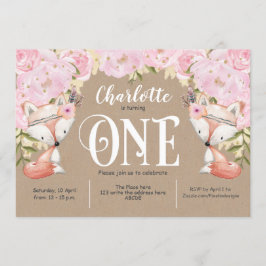 Rustic, Rosa Blommigt, Woodland, flicka 1:a födels Inbjudningar