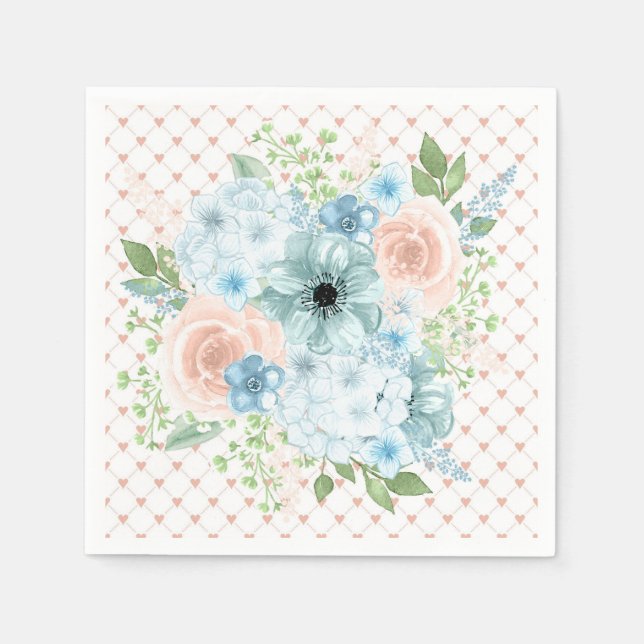 Rustic Rosa Blue Blommigt Polka Dot Napkins Pappersservett (Framsidan)