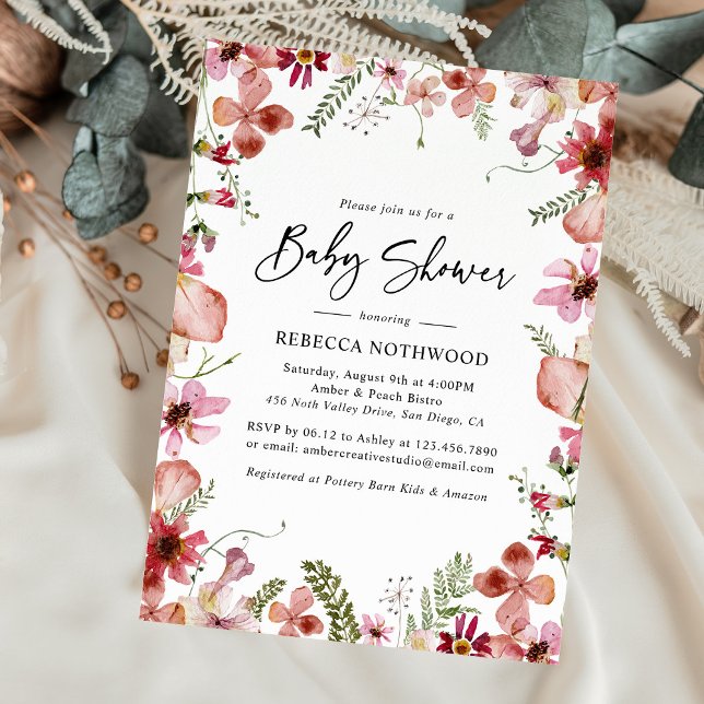 Rustic Rosa Boho Pressed Blommigt Flicka Shower Inbjudningar (Skapare uppladdad)