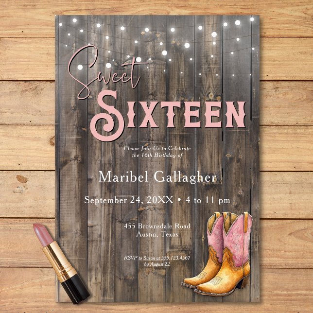 Rustic Rosa Boots Cowgirl Sweet 16 Birthday Inbjudningar (Rustic Pink Boots Cowgirl Sweet 16 Birthday Invitation)