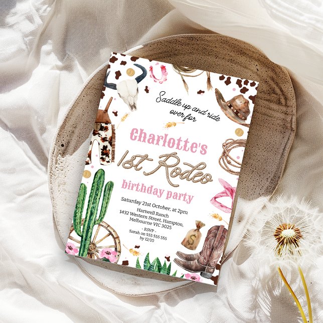 Rustic Rosa Brown Girls 1st Rodeo 1st Birthday Inbjudningar (EDITABLE Girls First Rodeo Birthday Invitations, Rustic Southern Country Cowgirl First Birthday)