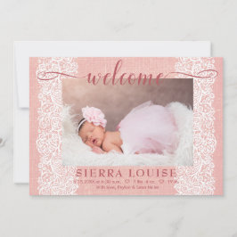 Rustic Rosa Burlap & Snöre Flicka Photo Birth Meddelande