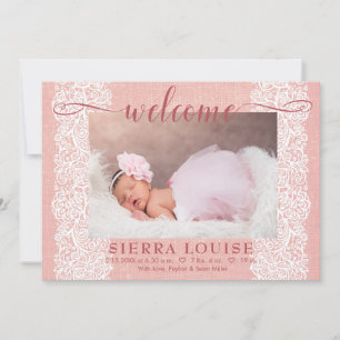 Rustic Rosa Burlap & Snöre Flicka Photo Birth Meddelande