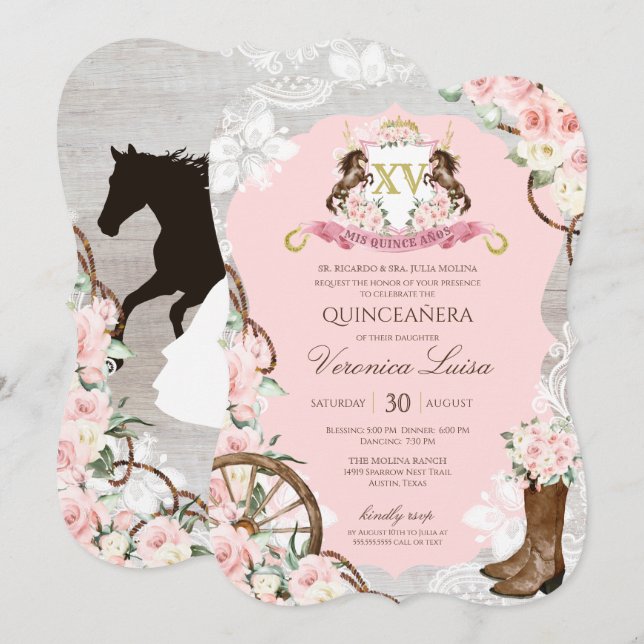 Rustic Rosa Charro Quinceanera Inbjudningar (Fram/baksida)