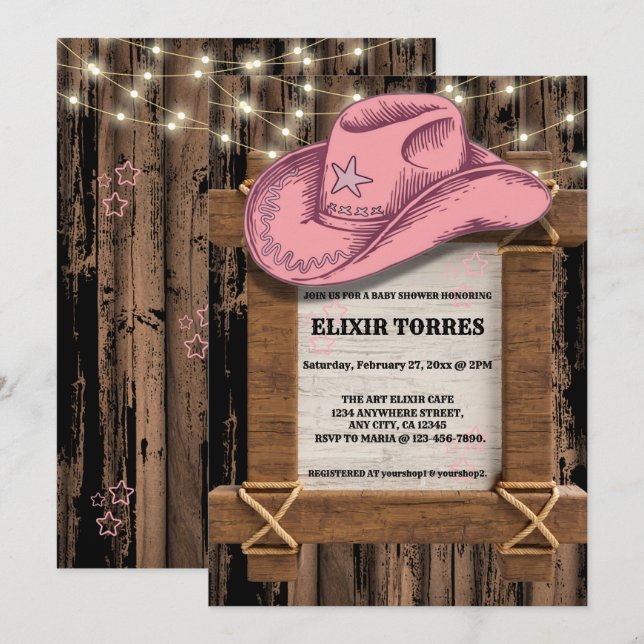 Rustic Rosa Cowgirl Hat Baby Shower Inbjudningar (Fram/baksida)