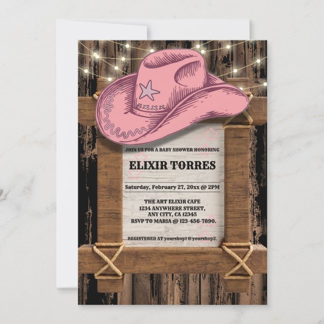 Rustic Rosa Cowgirl Hat Baby Shower Inbjudningar (Framsida)