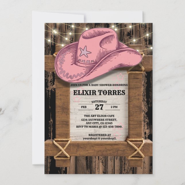 Rustic Rosa Cowgirl Hat Baby Shower Inbjudningar (Framsida)