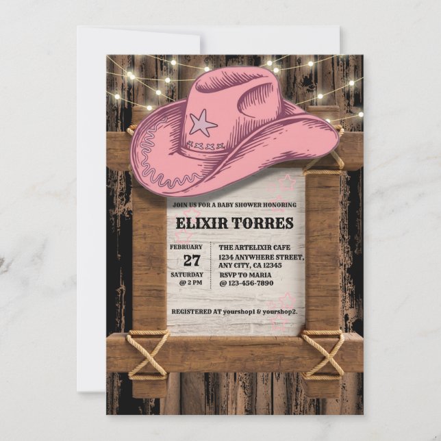 Rustic Rosa Cowgirl Hat Baby Shower Inbjudningar (Framsida)