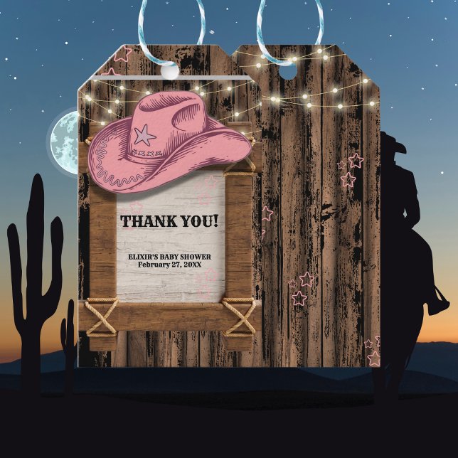 Rustic Rosa Cowgirl Hat Baby Shower Presentetikett (Skapare uppladdad)